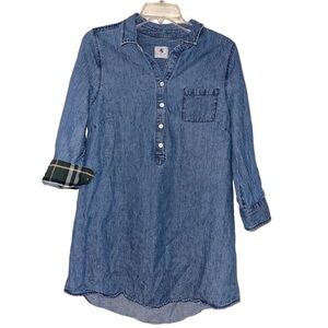 Southern Proper Plaid Cuff Denim Jean Tunic/ Mini Dress Collared Henley Neck